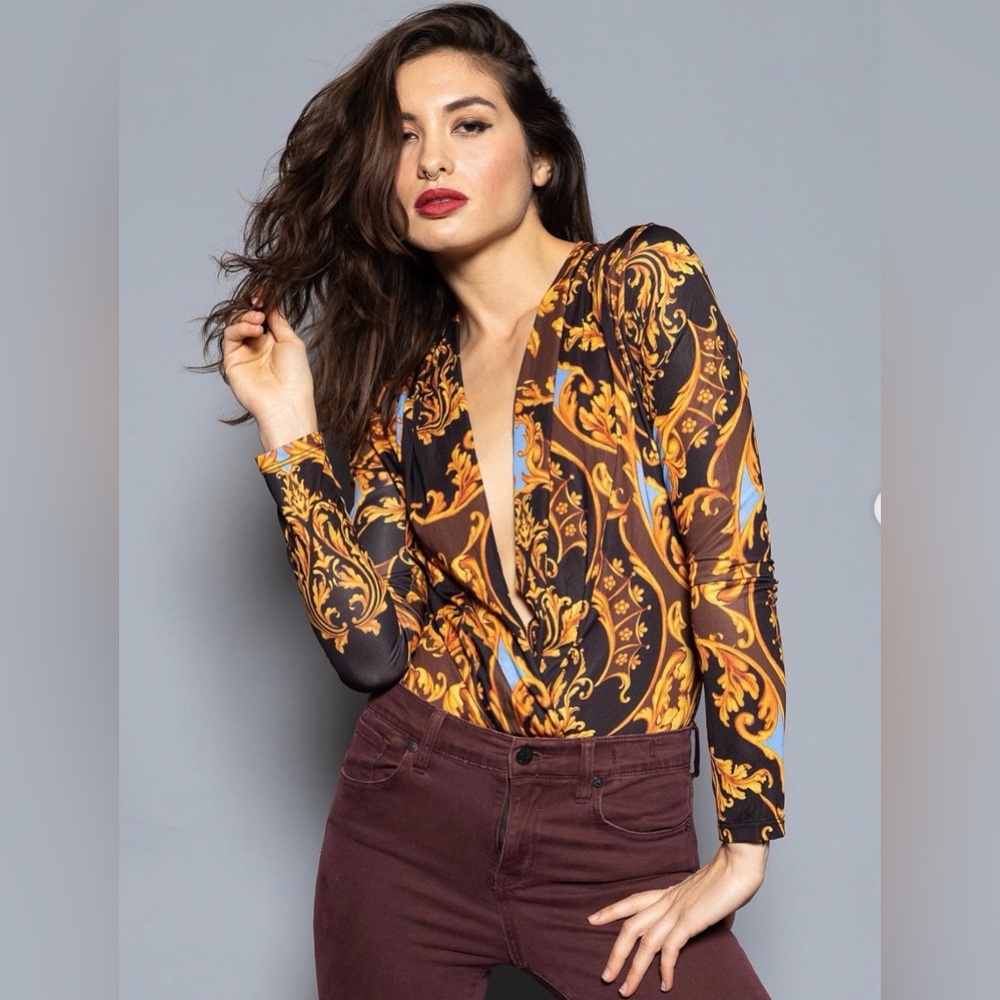 Zara Black and Orange Baroque Print Bodysuit